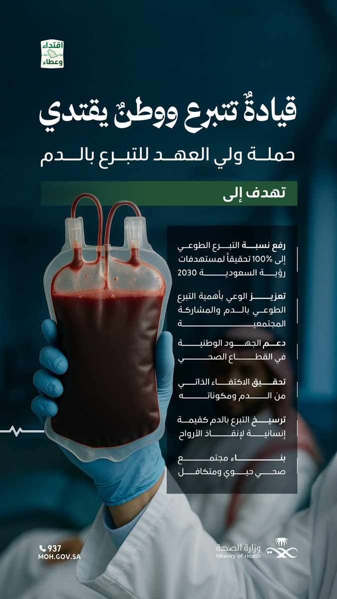 تبرع سمو #ولي_العهد بدمه وإطلاقه #حملة_ولي_العهد_للتبرع_بالدم 🇸🇦
هو إمتداد لعطاء ولاة أمرنا، وتجسيد لأسمى معاني المسؤولية وتعزيز ثقافة العطاء.