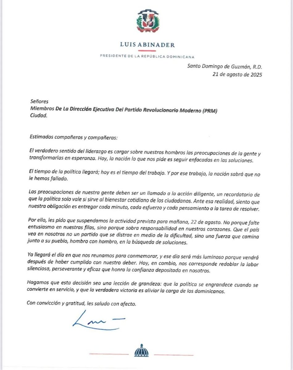 Aquí están las verdaderas razones por las que <a href="/luisabinader/">Luis Abinader</a> suspendió la celebración de la fiesta del <a href="/PRM_Oficial/">PRM</a>
No fue por el huracán Erin.
Están motivadas por la presión social y la insatisfacción popular
Pide a su partido trabajar y atender las preocupaciones de la gente.