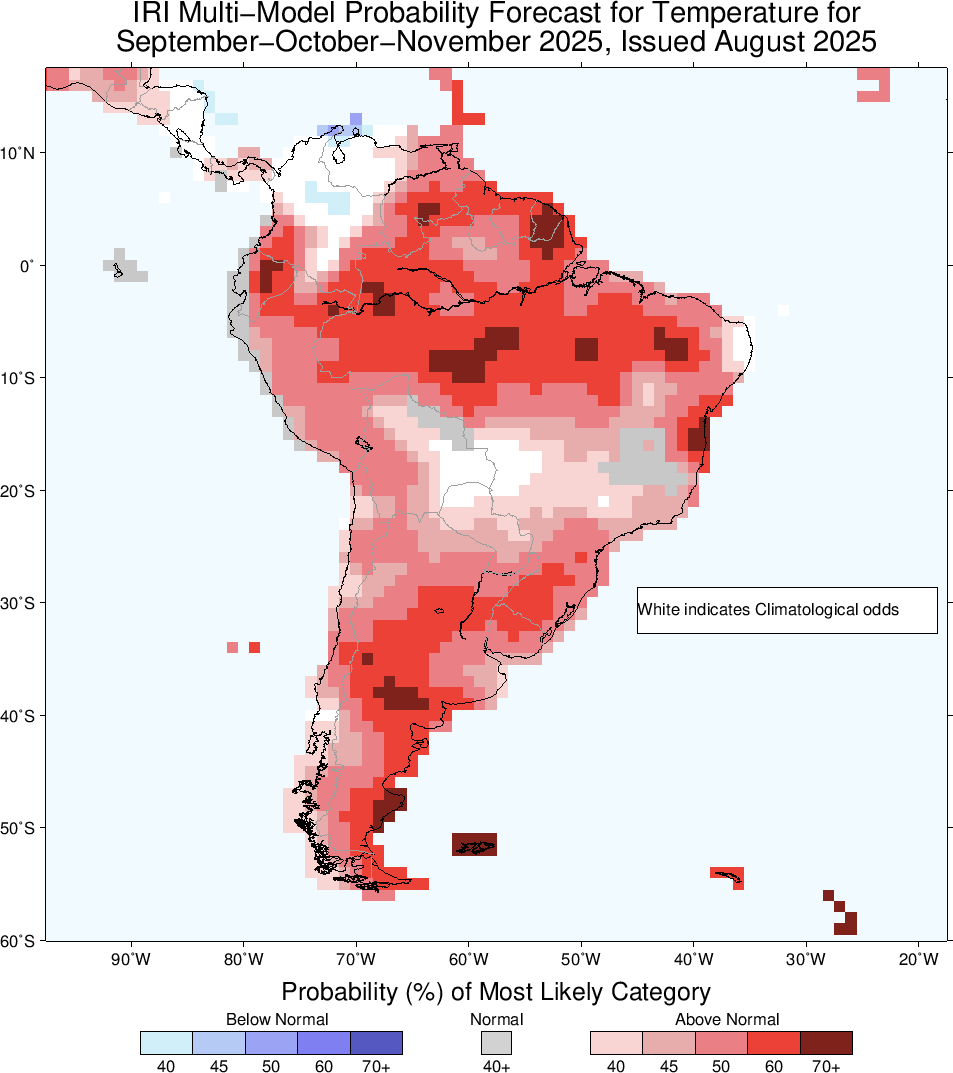Perspectivas climáticas (<a href="/climatesociety/">IRI</a>) trimestre Set-Oct-Nov en conjunto.
* Lluvias acumuladas en esos meses, con mayores probabilidad de estar por debajo de lo normal en casi todo el país
* Mayores probabilidades de temperatura media por encima de lo normal a nivel nacional