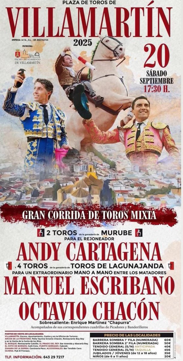 Villamartin con cartel de corrida de Feria el 20 de setiembre, mixta <a href="/Torosmurube/">Ganadería MURUBE</a> (rejones) y <a href="/Lagunajanda/">Lagunajanda</a> para <a href="/Andy_Cartagena/">Andy Cartagena</a> y a pie Manuel <a href="/InfoMESCRIBANO/">Manuel Escribano</a> y <a href="/octaviochaconof/">Octavio Chacón</a> <a href="/portaltaurino/">Portal Taurino</a>