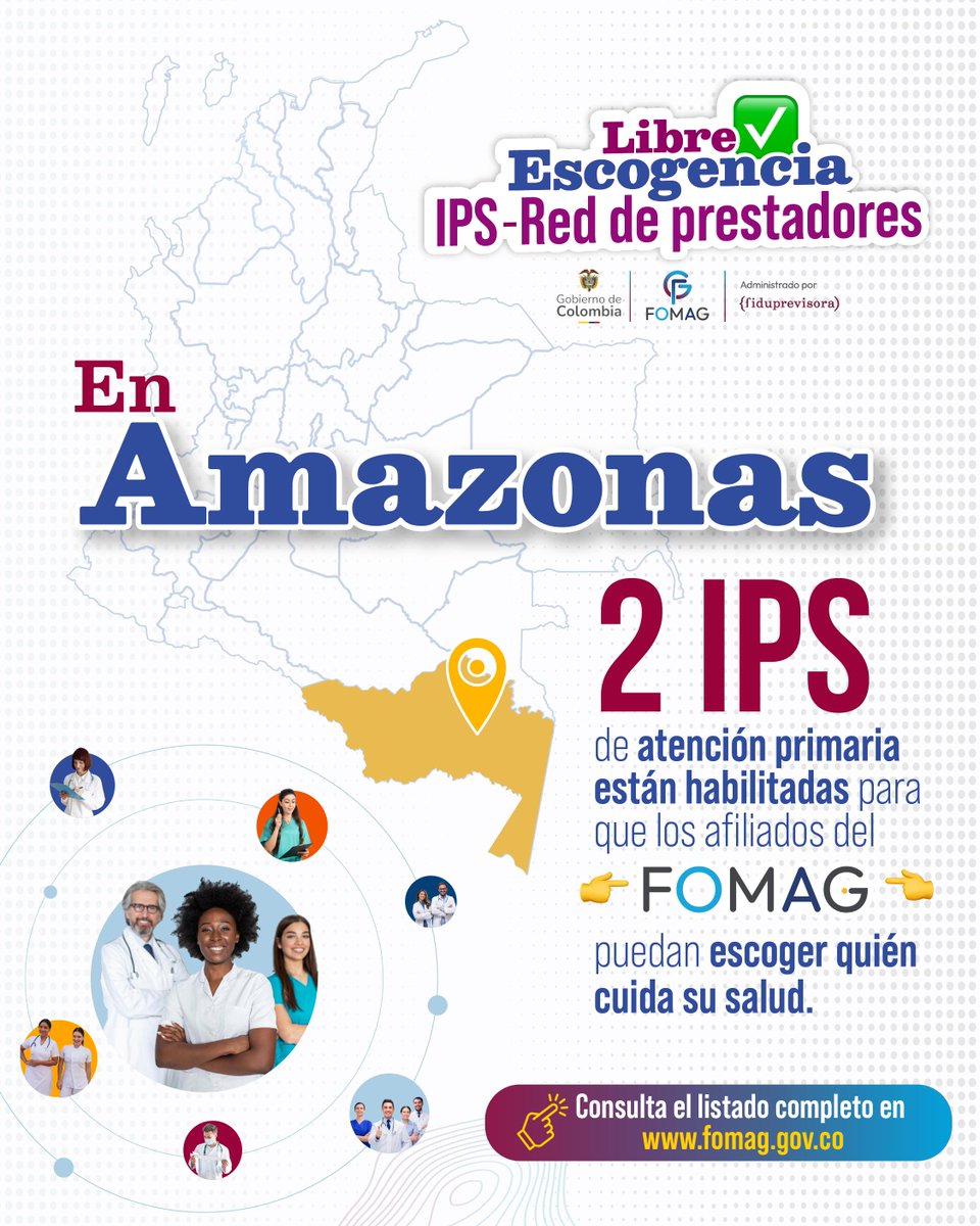 El FOMAG avanza en la ampliación de la red de prestadores. En Amazonas ya son 2 IPS de atención primaria habilitadas para la libre elección.
 
📅 El proceso está abierto hasta el 28 de agosto.

Consulta el listado aquí 👉 fomag.gov.co/wp-content/upl…
