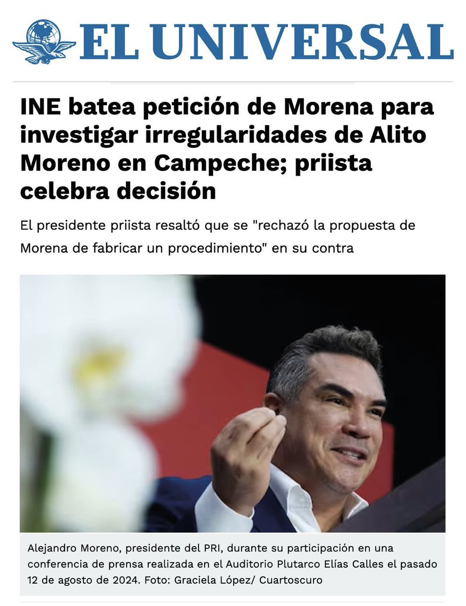 Alejandro Moreno (@alitomorenoc) on Twitter photo Se equivoca <a href="/El_Universal_Mx/">El Universal</a> con su titular. No hay ninguna irregularidad. Morena llegó al INE sin pruebas, sin sustento legal y al organismo equivocado, inventando un caso que no existe.
Esperamos que los medios de comunicación no distorsionen ni se presten al juego del Se equivoca <a href="/El_Universal_Mx/">El Universal</a> con su titular. No hay ninguna irregularidad. Morena llegó al INE sin pruebas, sin sustento legal y al organismo equivocado, inventando un caso que no existe.
Esperamos que los medios de comunicación no distorsionen ni se presten al juego del