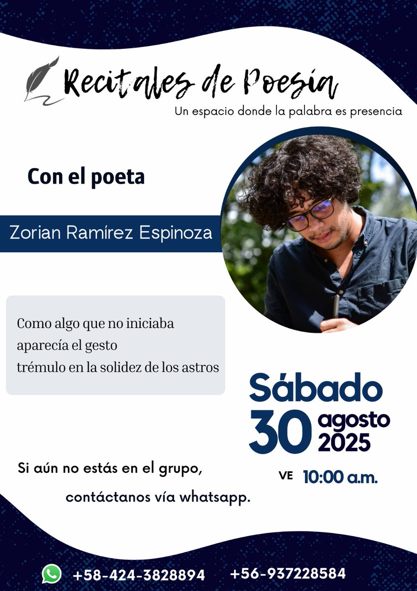 "Una casa habitada por el eco". 
Recital de poesía con Zorian Ramírez <a href="/Zorian1996/">Zorian</a>. 
Sábado 30 de agosto a las 10 a.m.
 El recital se realizará a través de WhatsApp.
👉 Para participar, solo debes escribir al número +58 424-3828894 y pedir ser agregado al grupo de whatsapp.