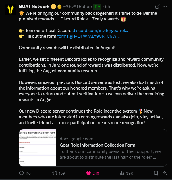 Nguyễn Trọng Tú GOAT🟡 (@ngtucrypto) on Twitter photo gGOAT!
<a href="/GOATRollup/">GOAT Network 🟡</a> continuously unites the community again.
And here is the time to make good that promise, Discords Roles and Zealy rewards.
New Discord: discord.com/invite/goatrol…
Fill in the application verification form: forms.gle/QFW7ALY98RFC9W…
The community rewards are gGOAT!
<a href="/GOATRollup/">GOAT Network 🟡</a> continuously unites the community again.
And here is the time to make good that promise, Discords Roles and Zealy rewards.
New Discord: discord.com/invite/goatrol…
Fill in the application verification form: forms.gle/QFW7ALY98RFC9W…
The community rewards are