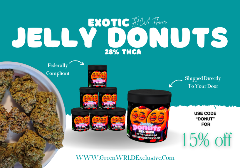 realGreenWRLD's tweet photo. While supplies last, Save 15% off your order of GreenWRLD Jelly Donuts THCa Flower! 👀

Use Code "Donut" at Checkout 💪 https://t.co/FDZuyMGzl5