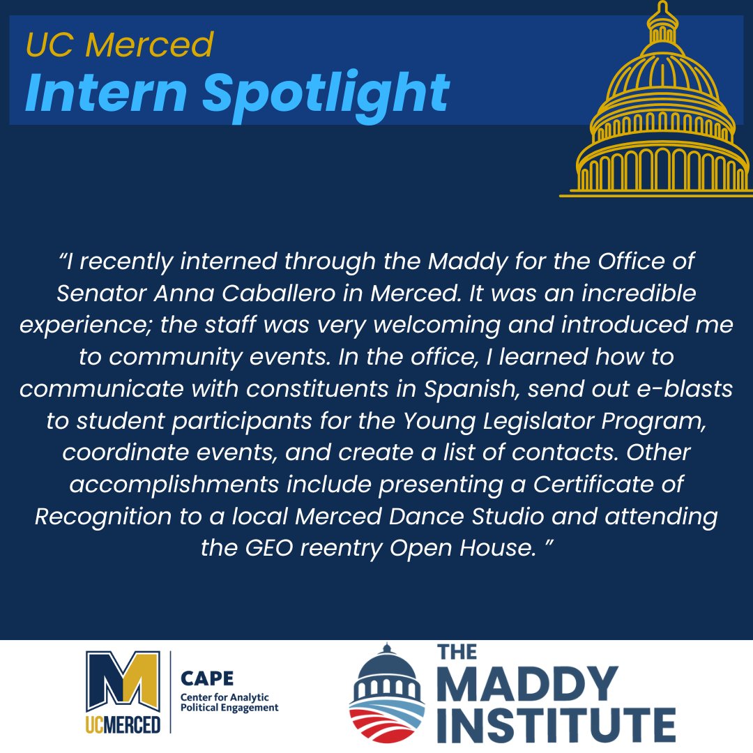 Meet Maya Gonzalez, a recent UC Merced graduate in Political Science and Sociology, who spent this summer interning with Senator Anna Caballero’s office through The Maddy Institute. Congrats, Maya!
<a href="/CASenCaballero/">Anna Caballero</a> <a href="/MaddyInstitute/">The Maddy Institute</a> #CAPEUCMerced #themaddyinstitute #politicalscience