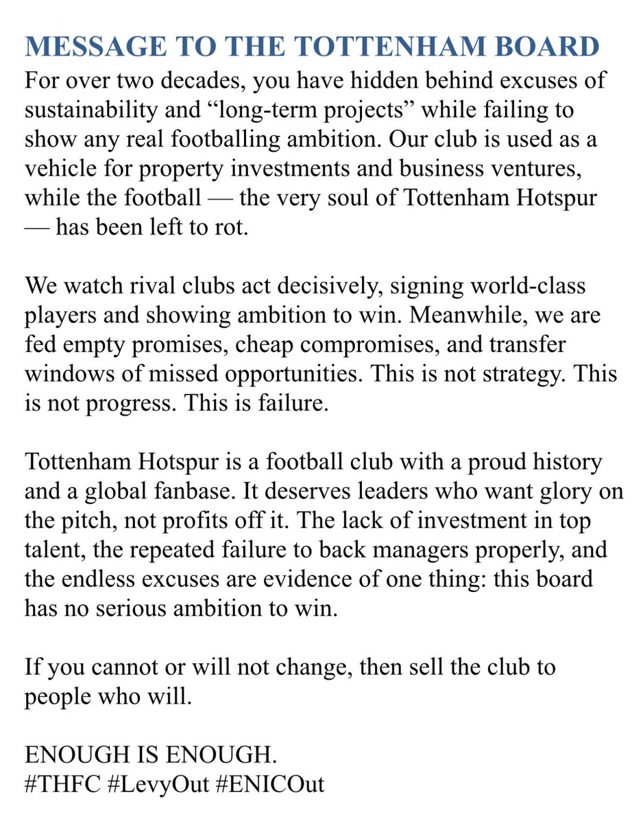 Carpo (@carpo157) on Twitter photo <a href="/SpursOfficial/">Tottenham Hotspur</a> - This is how WE feel.
<a href="/ChangeForSpurs/">𝐂𝐡𝐚𝐧𝐠𝐞 𝐅𝐨𝐫 𝐓𝐨𝐭𝐭𝐞𝐧𝐡𝐚𝐦</a> #enoughisenough
#THFC <a href="/SpursOfficial/">Tottenham Hotspur</a> - This is how WE feel.
<a href="/ChangeForSpurs/">𝐂𝐡𝐚𝐧𝐠𝐞 𝐅𝐨𝐫 𝐓𝐨𝐭𝐭𝐞𝐧𝐡𝐚𝐦</a> #enoughisenough
#THFC