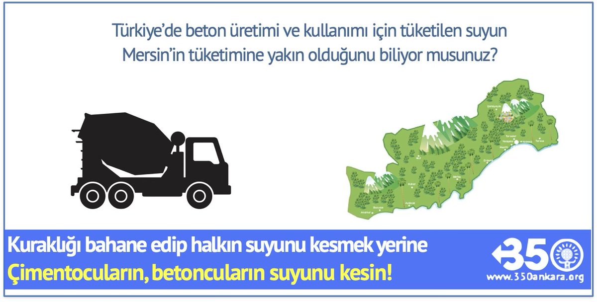 Betoncuların tükettiği suyun en çok su tüketen 10. kent Mersin'in arkasından geldiğini biliyor musunuz?

Kuraklığı bahane eden belediyeler;
halkın suyunu değil, betoncuların suyunu kesin!

#BetonaYerYok!