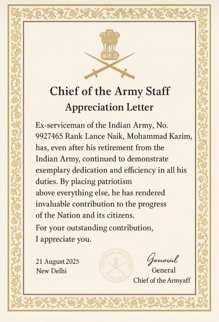Ssadiqrazvi786's tweet photo. “Congratulations to  Naik Mohammad Kazim on being honoured with the Chief of the Army Staff Appreciation Letter and Medal🏅. His exemplary service, dedication, and continued contribution to the Nation are truly commendable. 🇮🇳 #IndianArmy #Honour https://t.co/4FCbFmrxx2