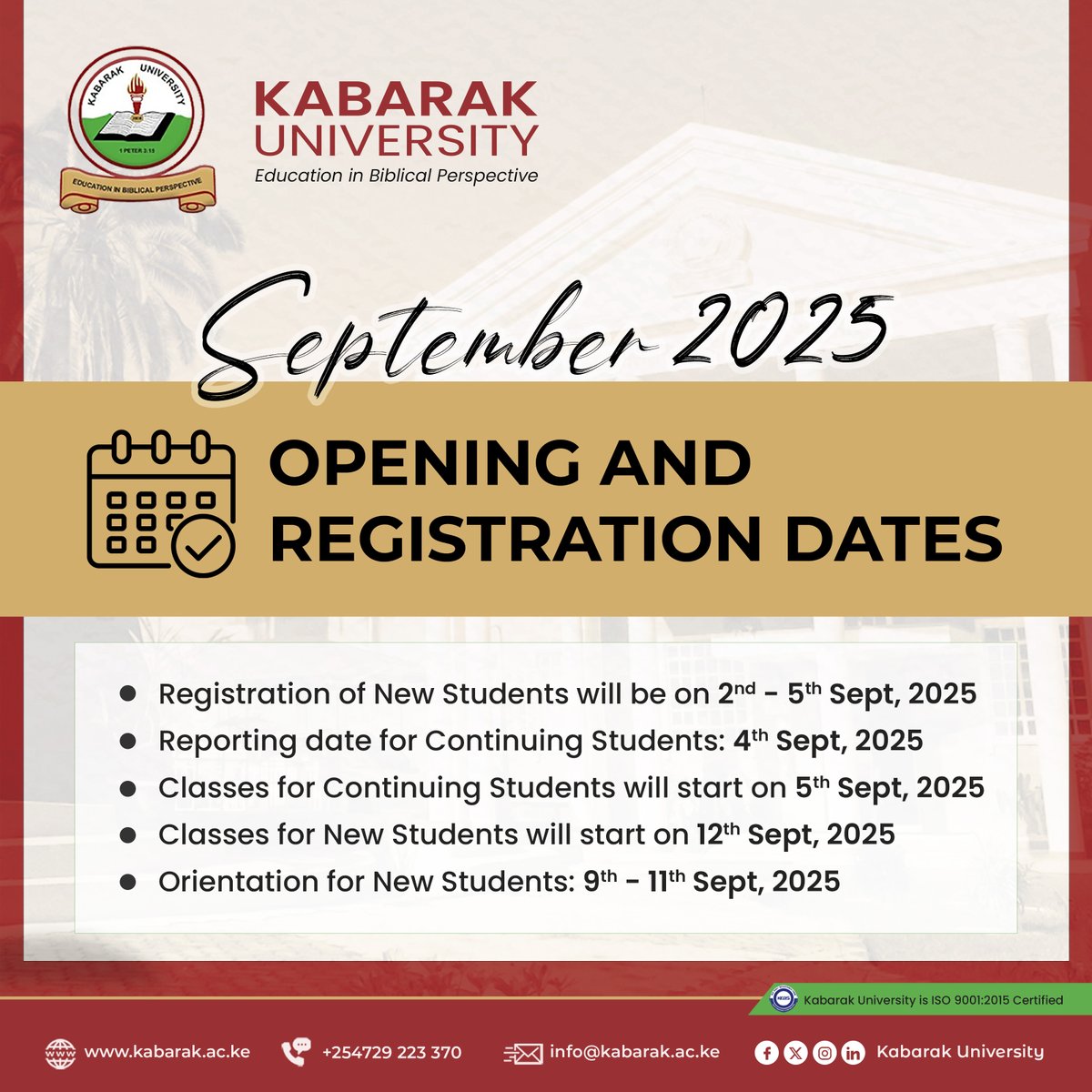 For inquiries, contact us at:
📱 0729 223 370 ☎️ 020 211 4658
💬 WhatsApp: 0717 883 884
📧 admissions@kabarak.ac.ke  OR  info@kabarak.ac.ke