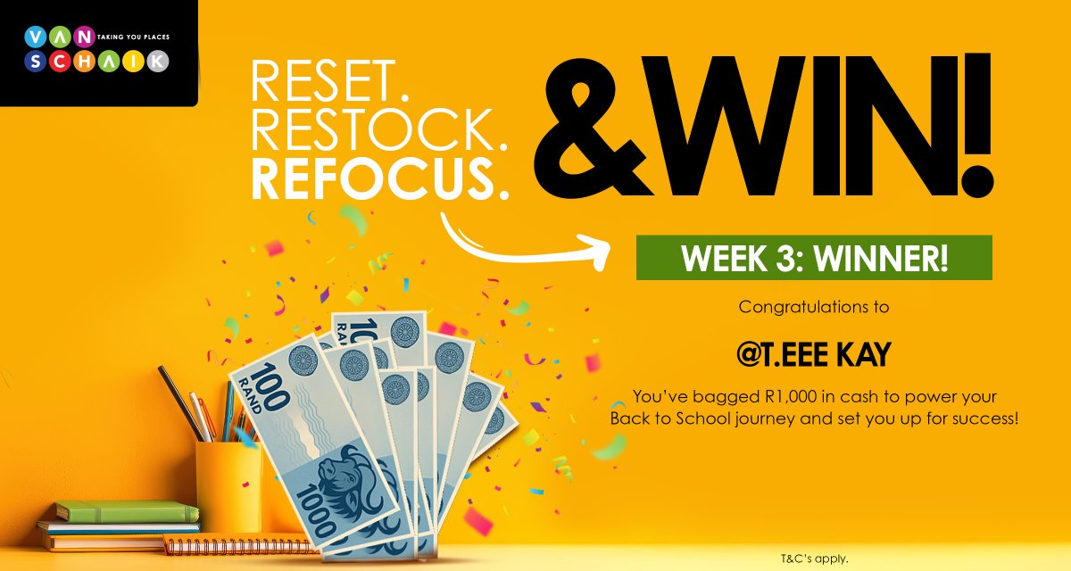 vanschaik1's tweet image. 🎉 That’s a wrap! 🎉

Congrats to @T.EEE KAY, our Week 3 winner in the RESET. RESTOCK. REFOCUS. competition! 🥳 You’ve bagged R1,000 cash to fuel your studies. 💸

#VanSchaik #ResetRestockRefocus #Winner #PopDontFlop