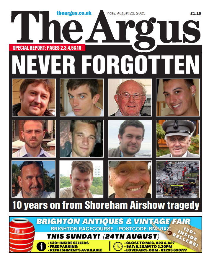 SavNJourno's tweet photo. Today we remember the men who lost their lives in the Shoreham Airshow disaster ten years ago.
Everyone's thoughts at The Argus are with the family and friends of the victims, with the emergency service workers who rushed to help and anyone who may struggle on the anniversary. https://t.co/C2h8CyvpMk