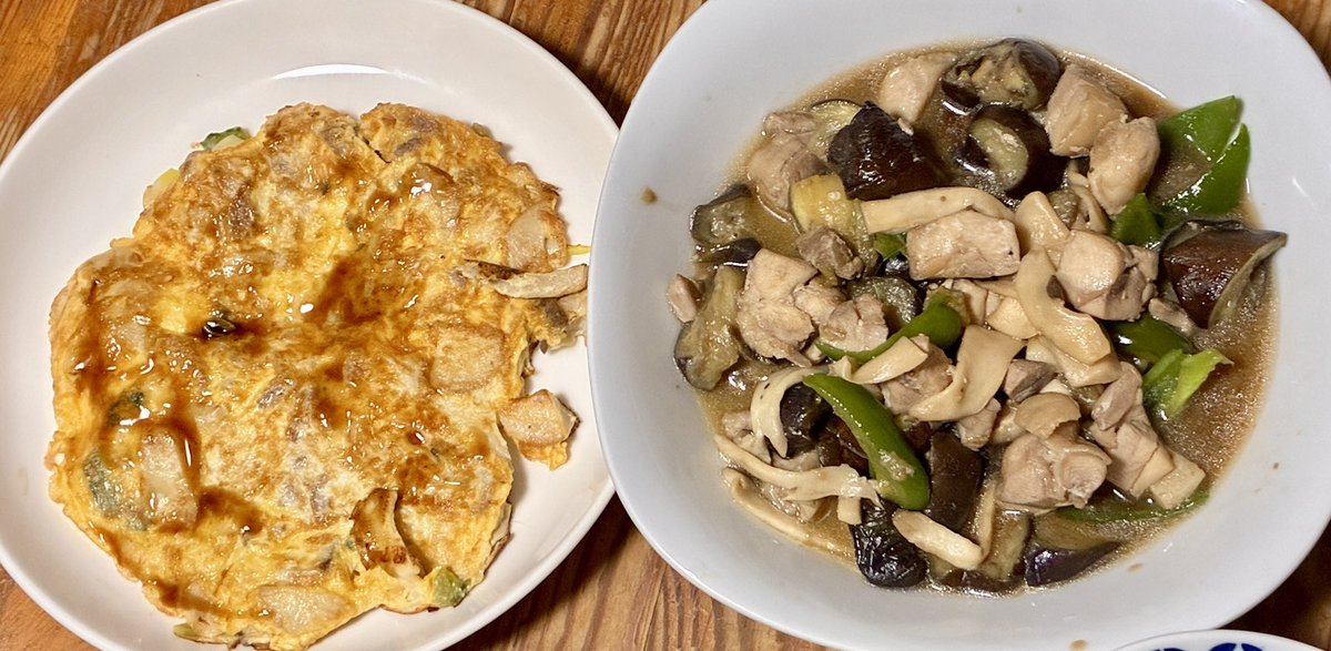 あげるの忘れてた昨日の名もなき晩ご飯。
ナスと鶏とエリンギとピーマンを炒めてポン酢かけたん。
エリンギと昨日のゴーヤチャンプルーの残りを刻んで卵焼きにinしたやつ。
炒めないで揚げ焼きにしてサッとポン酢かける感じにすればよかった。ほんとは大根おろしかけたかった。