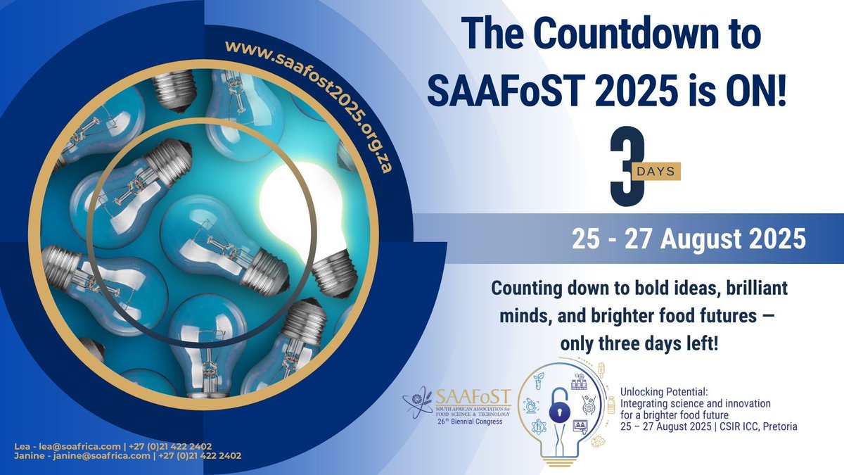 🚀 3 DAYS TO GO 🚀 

Big ideas. Bold innovations. A brighter food future. 💥 What’s waiting: • Game-changing food leaders • Science meets innovation • Actionable insights you can use

📅 25–27 Aug 2025 | CSIR ICC 
🔗 tinyurl.com/ms4fr5xf 

#UnlockingPotential #SAAFoST2025