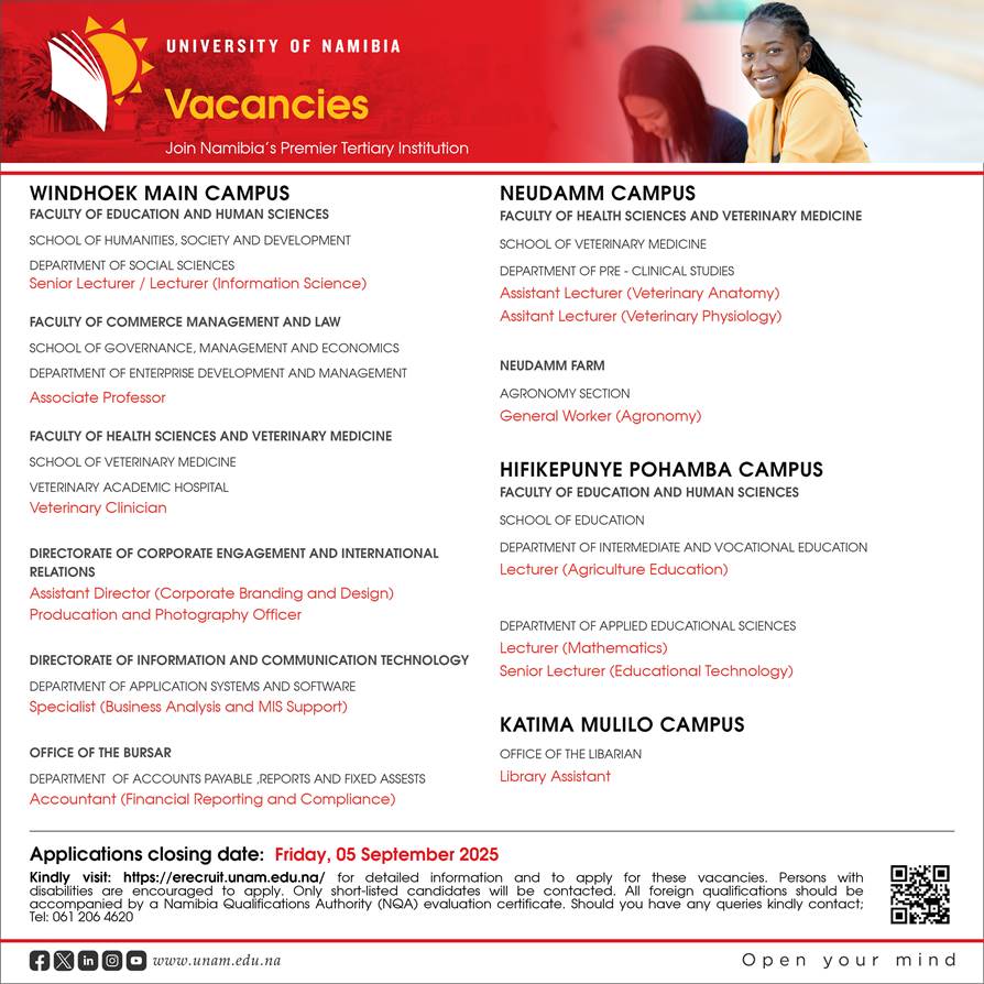 UnamAssociation's tweet photo. Career Opportunity Alert!

Be part of shaping the future at Namibia’s premier tertiary institution.

Application Deadline: Friday, 05 September 2025

👉 Apply via: https://t.co/TGJLkaTJ7b

#UNAMCareers #Vacancies #HigherEducation #JoinTheFuture https://t.co/BNfmdLS7rb