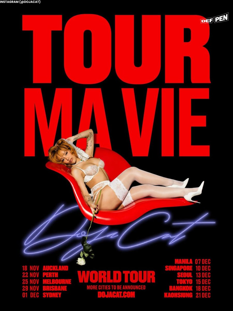 In addition to releasing her new single, Doja Cat has revealed the dates for her world tour in support of her upcoming album, Vie. More dates will be announced.

Presale starts on Monday, August 25th.