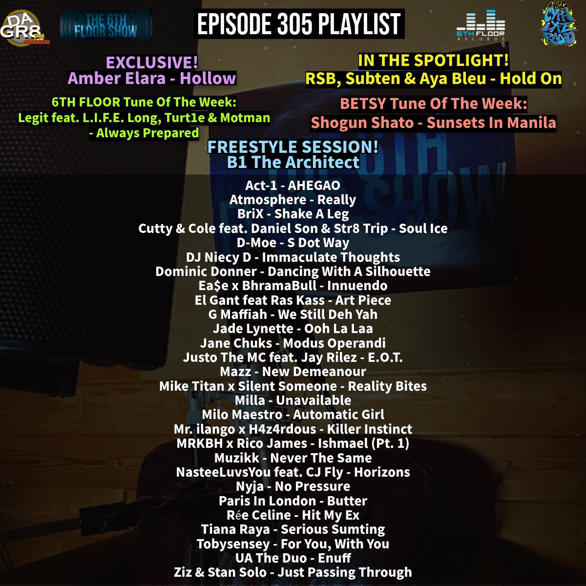 The 6th Floor Show (@the6thfloorshow) on Twitter photo Episode 305 #ComingSoon 19/08/25 #The6thFloorShow
<a href="/AmberElara/">Amber Elara</a> <a href="/RSBArtist/">RSB</a> <a href="/subtenT17/">Subten</a> <a href="/Ayableu_/">About to be your daughters favourite pop star ✌🏽</a> <a href="/B_1HipHop/">B1 The Architect</a> <a href="/atmosphere/">MASKMOSPHERE</a> <a href="/Dmoemusic/">D-Moe</a> <a href="/NiecyD/">DJ Niecy D®</a> <a href="/Halfcut_Noc_Rec/">~Halfcut~ 🇨🇦🇮🇪</a> <a href="/DISSBBM/">DANIEL SON</a> <a href="/DominicDonner/">Dominic Donner</a> <a href="/SleazyEase/">EA$E</a> <a href="/bhramabull/">Bhramabull 🔌</a> <a href="/ElGant/">El Gant</a> <a href="/ras_kass/">Ras kass</a> <a href="/gmaffiah/">G maffiah</a> <a href="/LavishJ___/">JadeLynette</a> <a href="/Janychuks/">Janechuks</a> Episode 305 #ComingSoon 19/08/25 #The6thFloorShow
<a href="/AmberElara/">Amber Elara</a> <a href="/RSBArtist/">RSB</a> <a href="/subtenT17/">Subten</a> <a href="/Ayableu_/">About to be your daughters favourite pop star ✌🏽</a> <a href="/B_1HipHop/">B1 The Architect</a> <a href="/atmosphere/">MASKMOSPHERE</a> <a href="/Dmoemusic/">D-Moe</a> <a href="/NiecyD/">DJ Niecy D®</a> <a href="/Halfcut_Noc_Rec/">~Halfcut~ 🇨🇦🇮🇪</a> <a href="/DISSBBM/">DANIEL SON</a> <a href="/DominicDonner/">Dominic Donner</a> <a href="/SleazyEase/">EA$E</a> <a href="/bhramabull/">Bhramabull 🔌</a> <a href="/ElGant/">El Gant</a> <a href="/ras_kass/">Ras kass</a> <a href="/gmaffiah/">G maffiah</a> <a href="/LavishJ___/">JadeLynette</a> <a href="/Janychuks/">Janechuks</a>