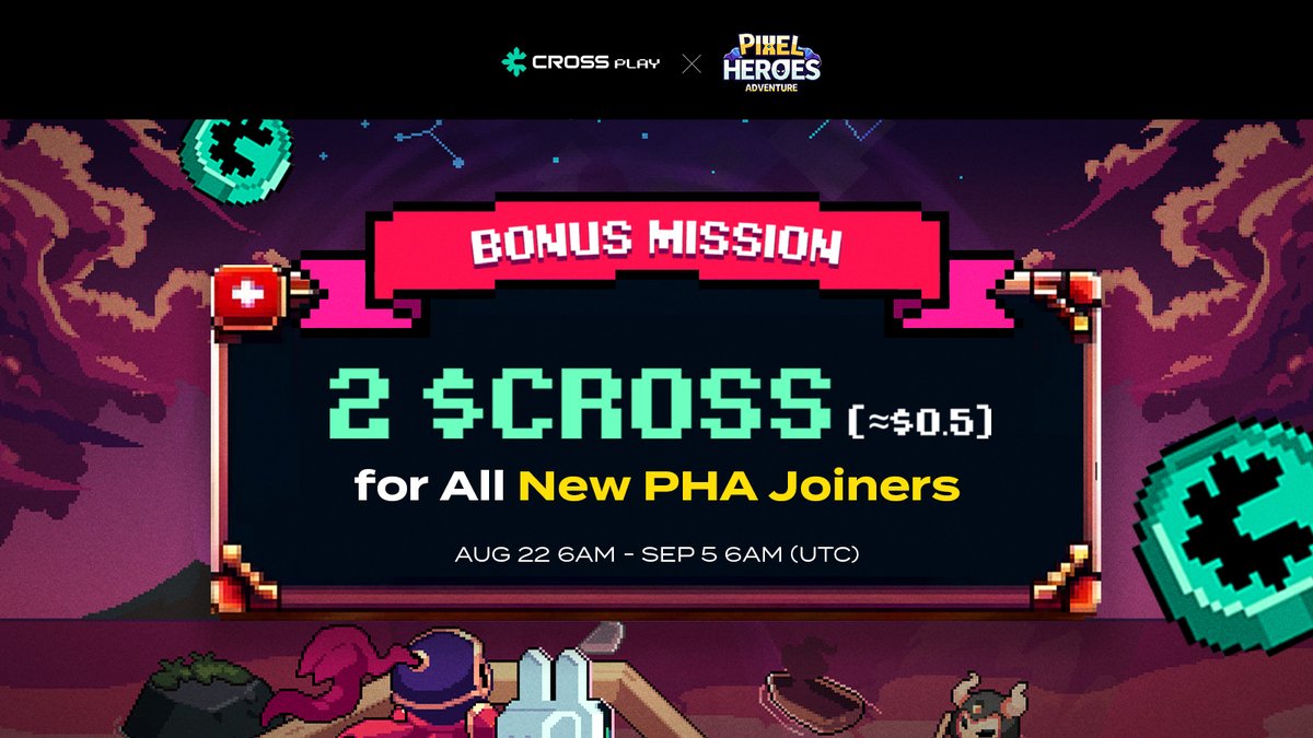 CROSS PLAY (@crossplay_xyz) on Twitter photo Your support unlocked a bonus mission with $CROSS rewards! 🎉
👉Every new <a href="/PixelHeroesMMO/">Pixel Heroes Adventure</a> joiner will receive 2 $CROSS (≈ $0.5)! (players who join from Aug 22, 5 AM UTC)
Limited $CROSS rewards — they may run out fast!🏃♀️
🕹 How to earn?
1. Launch CROSS PLAY: Your support unlocked a bonus mission with $CROSS rewards! 🎉
👉Every new <a href="/PixelHeroesMMO/">Pixel Heroes Adventure</a> joiner will receive 2 $CROSS (≈ $0.5)! (players who join from Aug 22, 5 AM UTC)
Limited $CROSS rewards — they may run out fast!🏃♀️
🕹 How to earn?
1. Launch CROSS PLAY: