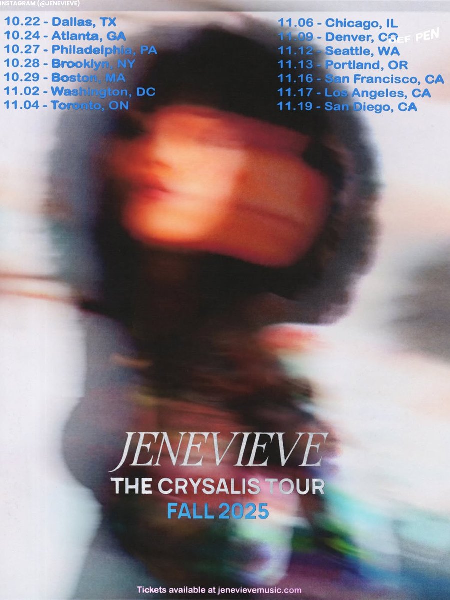 👀 Jenevieve? Tour?

Shortly after dropping Crysalis, @JenevieveMusic returned to reveal the dates for her upcoming tour. General on-sale begins today and tour kicks off on October 22 in Dallas, Texas.