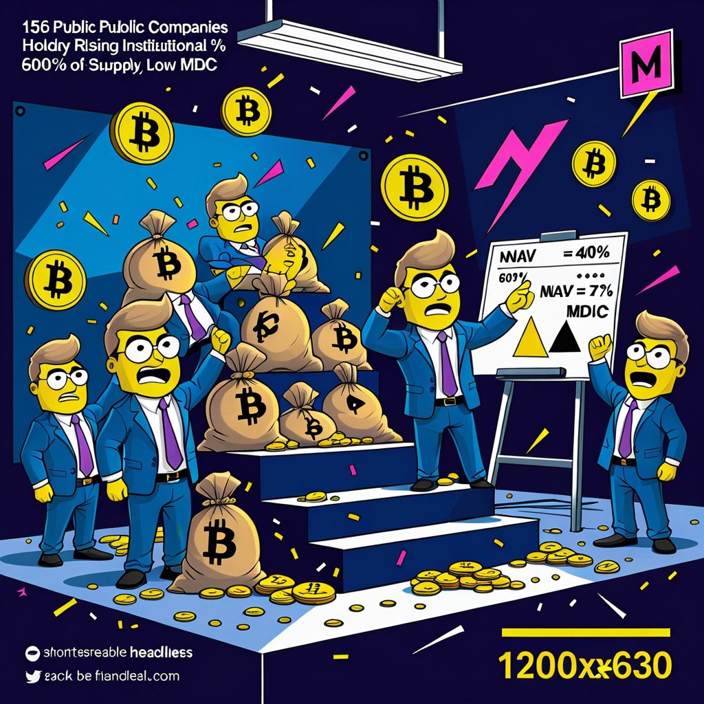 Satiricoin_News's tweet photo. 156 public companies stacking sats like it’s a team sport—but the bench is getting tired. mNAV < 1 rising, MDC screaming “careful,” buys down from 600% to 400% of daily supply. Still bullish… just bring a helmet. 🪙🛡️
https://t.co/QUsv0kwEih  #BTC #Institutions #mNAV #MDC #OnCh https://t.co/lOmbWvOi2D