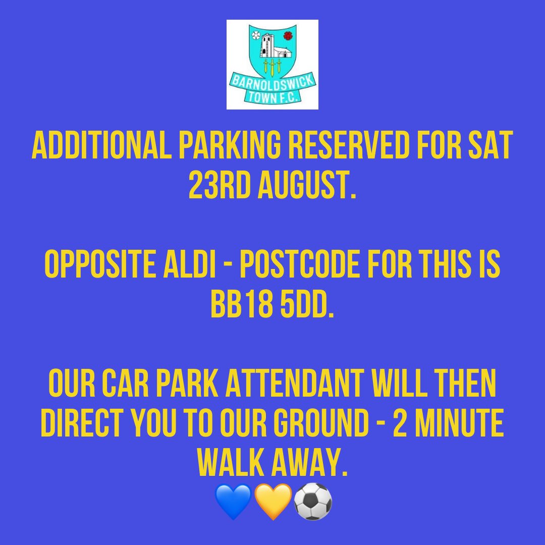 Barnoldswick Town FC (@barlickfc) on Twitter photo If you are joining us tomorrow.. our ground is next door to cricket & they have a big game too so we have secured extra parking.
The coach arriving from Birtley Town has a space reserved but if the car park is full additional parking is reserved.. <a href="/BirtleyTFC/">Birtley Town FC</a> If you are joining us tomorrow.. our ground is next door to cricket & they have a big game too so we have secured extra parking.
The coach arriving from Birtley Town has a space reserved but if the car park is full additional parking is reserved.. <a href="/BirtleyTFC/">Birtley Town FC</a>