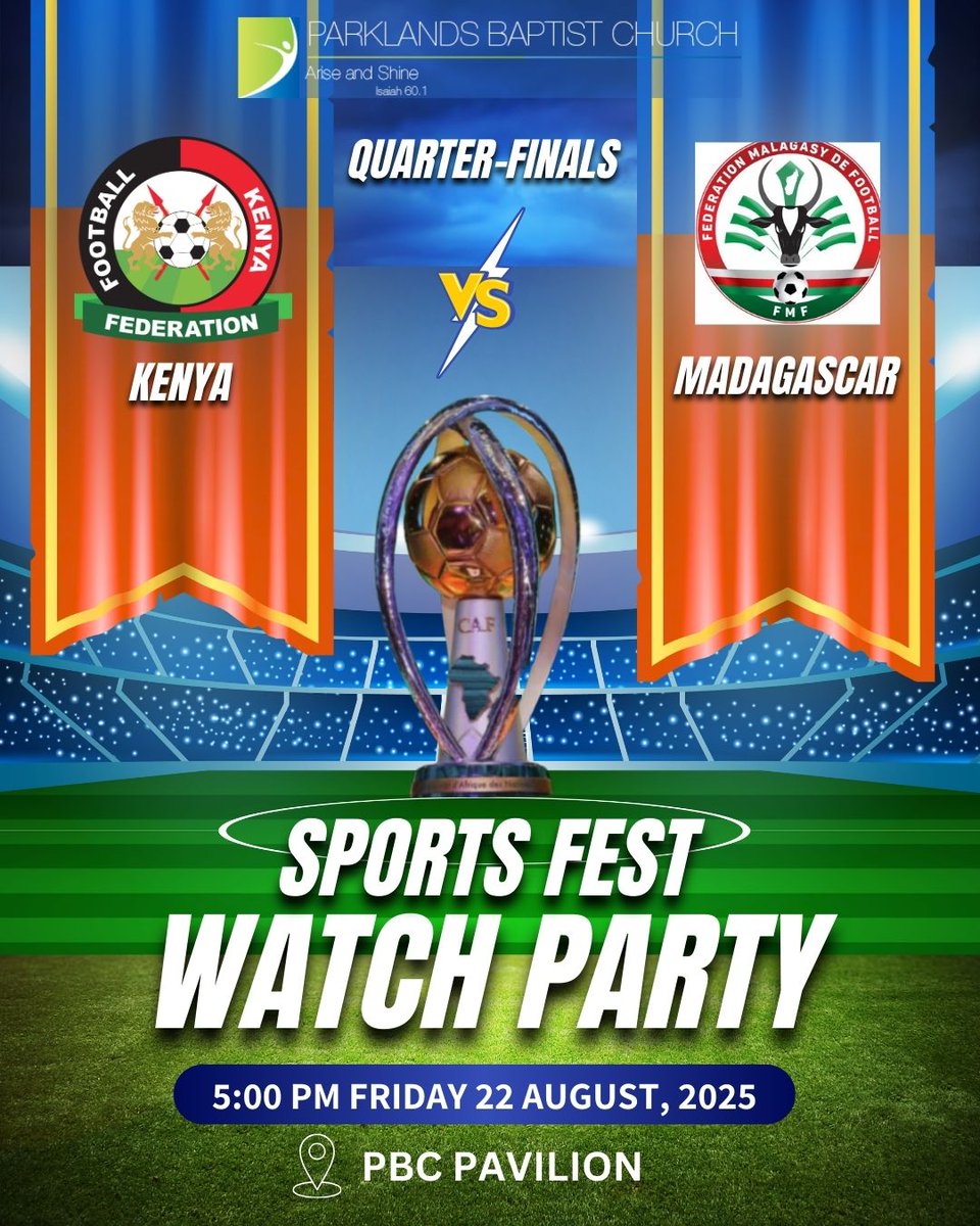 Join us this evening as we rally behind our nation as they thrash Madagascar to qualify in the quarter finals.

Go Team Kenya!

#StirUp
#CHAN
#AFCON
#TYOTLUSI
#SportsFest
#ParkieBaptist
#UnboundDominion
#SpiritLedEnlargement
#ImpartationOfUncommonIncrease