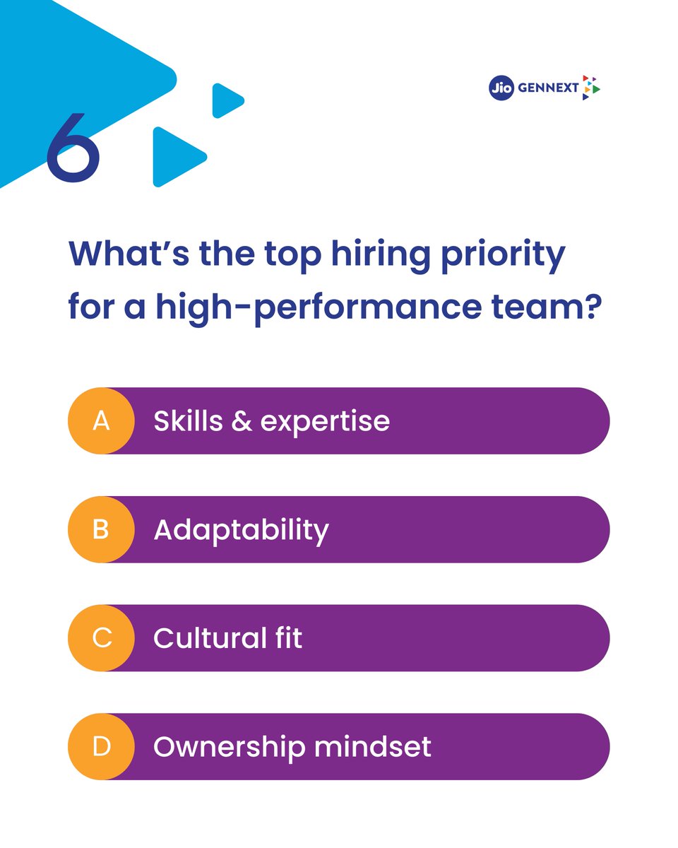 Building a high-performance team is an ongoing journey, not a single task. It thrives on thoughtful hiring and a commitment to continuous growth.
 
Can you guess what’s at the core of a winning team? Let us know!
 
#JioGenNext #JioGenNextAcademy #Quiz #Polls #Reliance #Jio