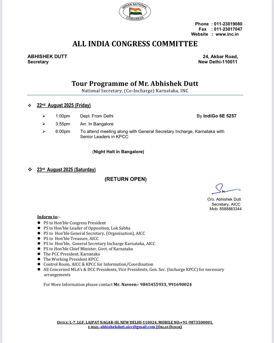 duttabhishek's tweet photo. Dear colleagues from .@INCKarnataka , sharing my tour program. #Karnataka #Congress https://t.co/qLUWtCPev7