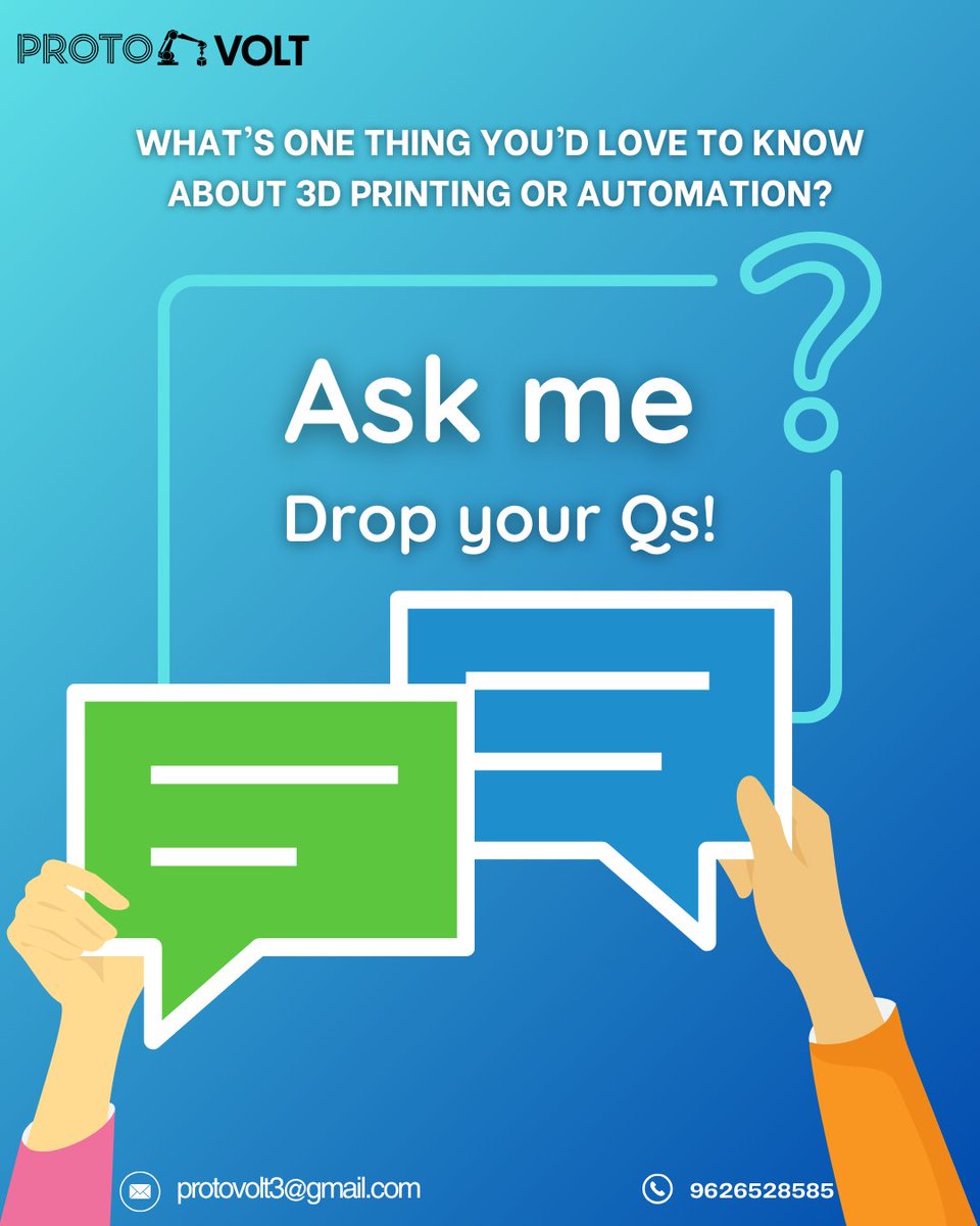 ProtoVoltt's tweet image. what do you want to know about 3D printing or automation? Drop your Qs!
#AskAnEngineer
#SmartTechTalk
#TechInnovation
#FutureOfEngineering
#AutomationNation
#TechSimplified
#EngineerInsights
#NextGenTech