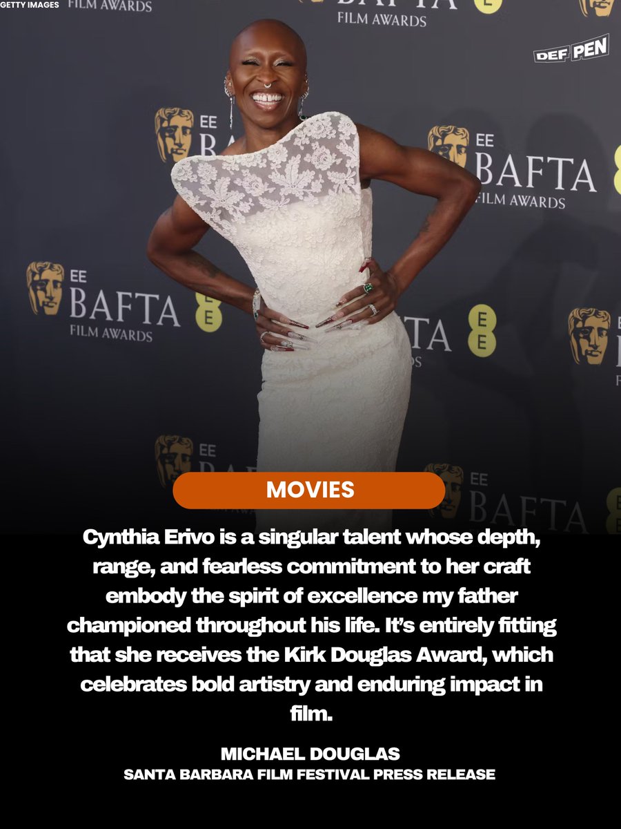 Cynthia Erivo will receive the Kirk Douglas Award at the Santa Barbara Film Festival.

Awarded to a lifelong contributor to cinema through their work in front of the camera, behind, or both, Erivo joins previous recipients such as Robert De Niro and Martin Scorsese.