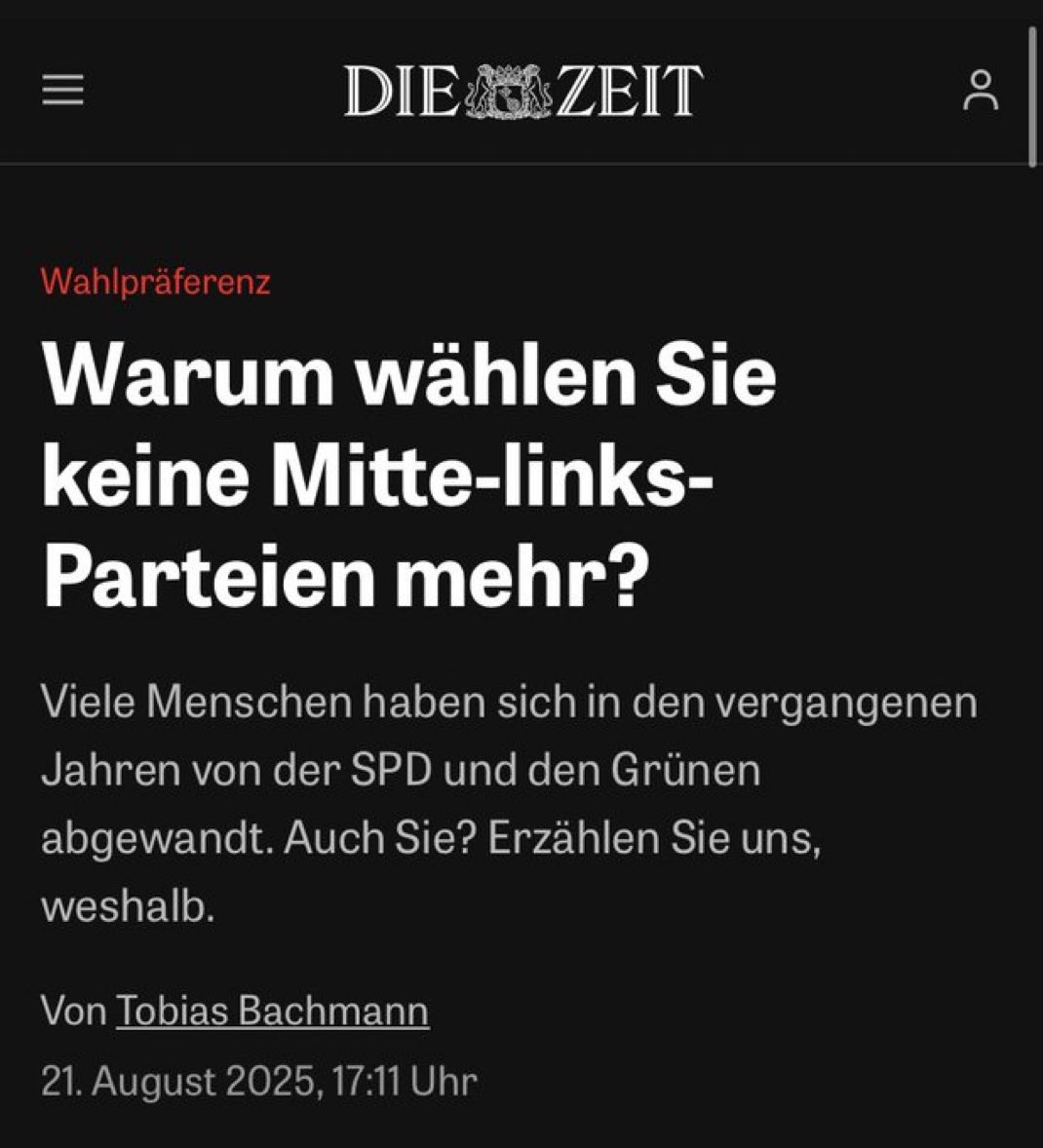 Wer die letzten Jahre nicht unter einem Stein gelebt hat, der kann sich diese Frage sicher selbst beantworten, liebe Redaktion von <a href="/zeitonline/">DIE ZEIT</a> …
Die Frage sollte lauten: Warum gibt es immer noch linke Politik in Deutschland, obwohl diese längst keine Mehrheit mehr hat?