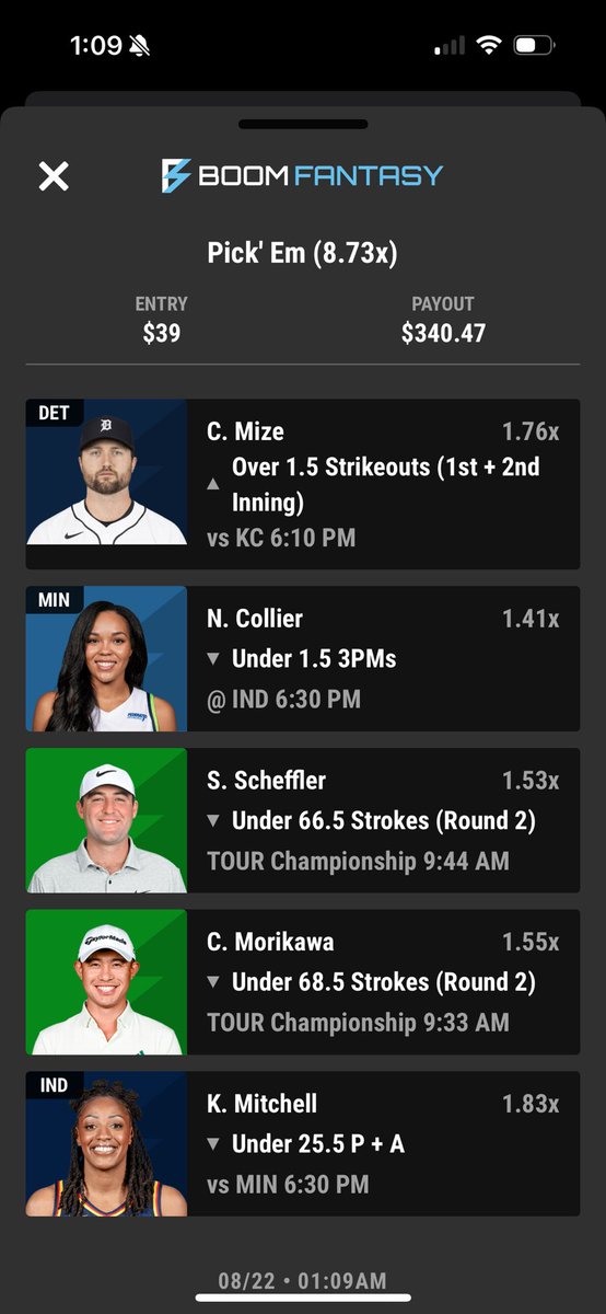 On1yFantasy's tweet image. 8/22 Pro Golf and WNBA Mix 

#BoomFantasy #UnderdogFantasy #PrizePicks #GamblingX 

C. Mize Over 1.5 Ks (1st + 2nd Inn)
N. Collier Under 1.5 3PMs  
S. Scheffler Under 66.5 Strokes
C. Morikawa Under 68.5 Strokes

$39 ➡️ $340.47 (8.73x)