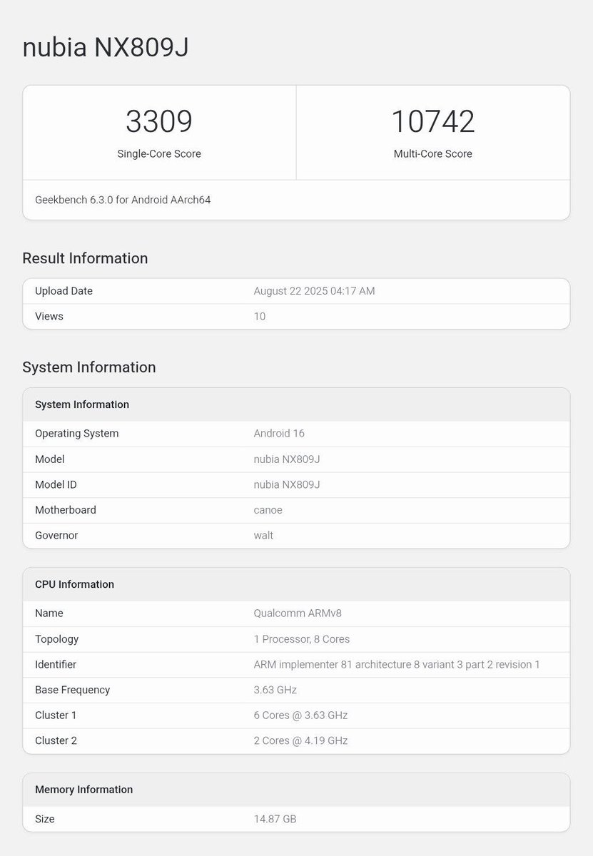 leak_station's tweet photo. RedMagic 11 Ultra surfaced on Geekbench with the upcoming Snapdragon 8 Elite 2 ,  Adreno 840 GPU 🎮

Powerful CPU 🔥
2× 4.19GHz 
6× 3.63GHz
#nubia #Redmagic11Ultra https://t.co/2YKE3AQr5k