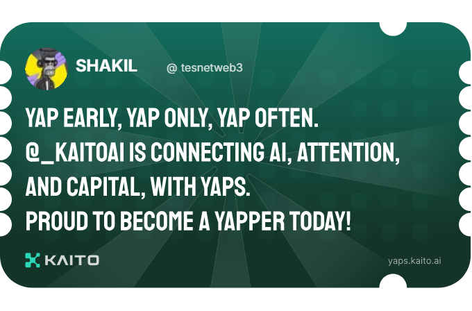 SHAKIL (@tesnetweb3) on Twitter photo Yap early, yap only, yap often.
<a href="/KaitoAI/">Kaito AI 🌊</a> is connecting AI, attention and capital with Yaps.
Just claimed my social card and I'm accumulating Yap points in real-time.
Claim yours 👉 yaps.kaito.ai/referral/19580… Yap early, yap only, yap often.
<a href="/KaitoAI/">Kaito AI 🌊</a> is connecting AI, attention and capital with Yaps.
Just claimed my social card and I'm accumulating Yap points in real-time.
Claim yours 👉 yaps.kaito.ai/referral/19580…