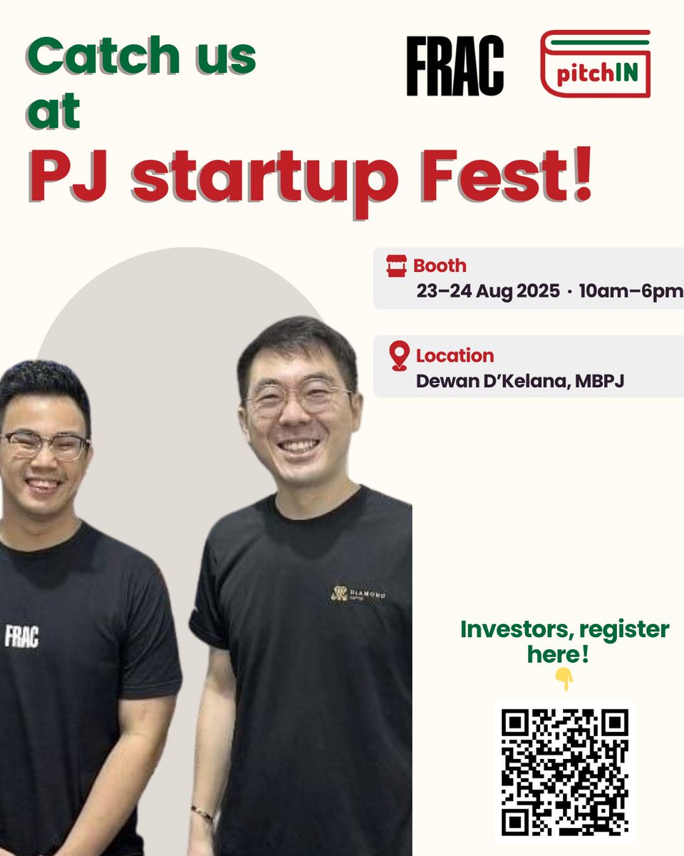 🚀 Frac is live at PJ Startup Fest 2025 with our partner @pitchINmy!

📍 Booth: 23–24 Aug | 10AM–6PM
🎤 Live Pitch: 23 Aug | 5:30–6:00PM
🏛️ Dewan D’Kelana, MBPJ

We’re reshaping the future of tokenization — from luxury assets to IP &amp; payments.

👉 Join us &amp; be part of the next