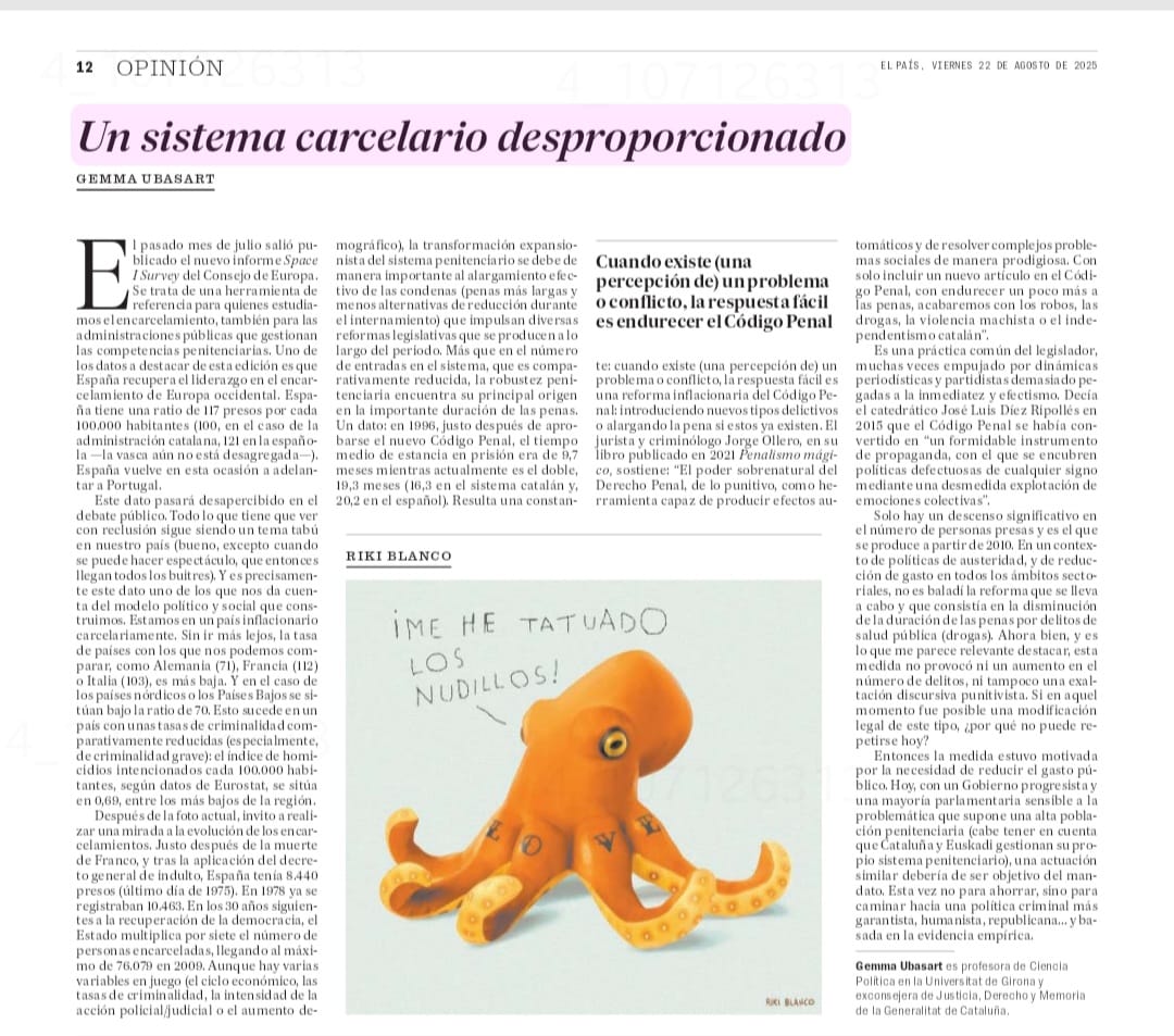 gemma ubasart (@gemmaubasart) on Twitter photo Líderes en encarcelamiento. España vuelve a encabezar la ratio en la Europa de los 15.  
El expansionismo del sistema se debe de manera importante al alargamiento efectivo de las condenas que han ido impulsando diversas reformas legislativas.
elpais.com/opinion/2025-0… Líderes en encarcelamiento. España vuelve a encabezar la ratio en la Europa de los 15.  
El expansionismo del sistema se debe de manera importante al alargamiento efectivo de las condenas que han ido impulsando diversas reformas legislativas.
elpais.com/opinion/2025-0…