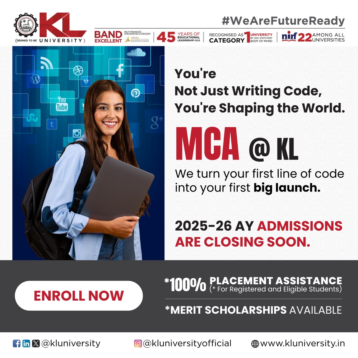 kluniversity's tweet image. Build your tech future with KL University&apos;s MCA program! Gain hands-on skills in software development, data science, and cloud computing for a dynamic career.
kluniversity.in/admissions-202…

#KLU #MCAStudents #SoftwareMasters #ITCareers #PostgraduateIT #FutureDevelopers #AdvancedCoding