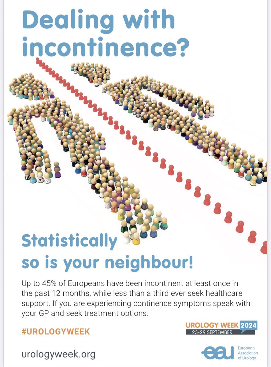 İdrar kaçırma ile başa çıkmak ! 

İstatistiklere göre
komşunuzda da olabilir! Avrupalıların %45’ine kadarı son 12 ay içinde en az bir kez idrar kaçırma sorunu yaşamıştır, ancak bunların üçte birinden daha azı sağlık hizmeti aramaktadır.

<a href="/Uroweb/">European Association of Urology (EAU)</a>  #urologyweek