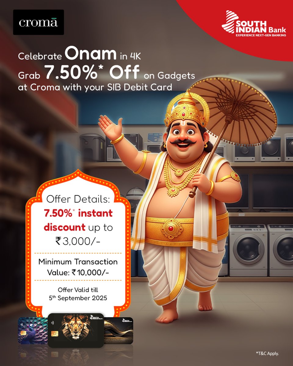OfficialSIBLtd's tweet photo. From festive playlists to endless selfies — the season calls for smarter gadgets.
Use your SIB Debit Card at Croma and unlock deals that make every upgrade lighter on your pocket.
Click here to know more: https://t.co/y1pNYrr8vH
#SouthIndianBank #CromaDeals #SIBDebitCard #SmartShopping #ShopWithSIB