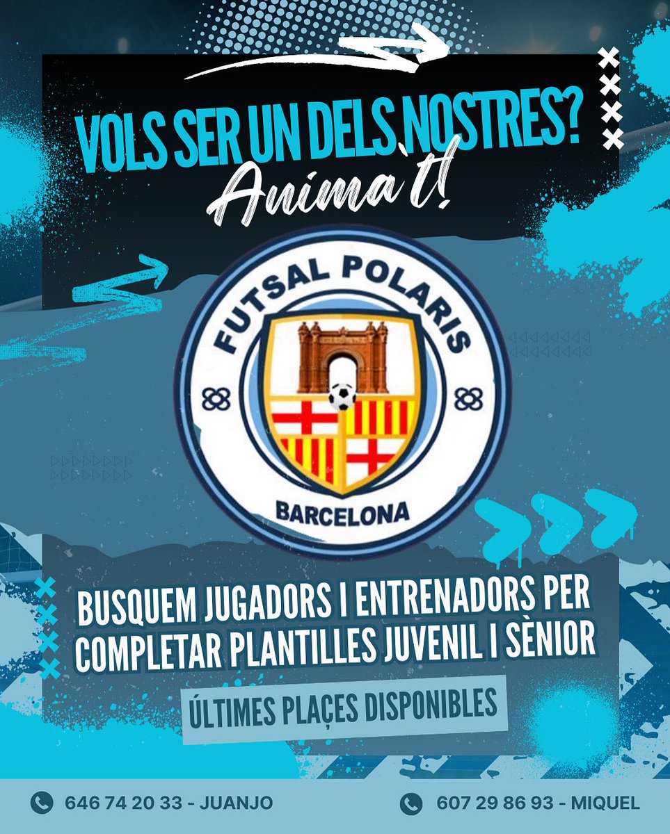 ‼️T’agrada el Futbol Sala?‼️

Encara esteu a temps de contactar-nos per venir sense compromís. 👇 Consulteu les vies!

𝗘𝘀𝘁𝗲𝗺 𝗯𝘂𝘀𝗰𝗮𝗻𝘁...
👤 Ens interessen jugadors i porters per tancar plantilles a les categoríes Sènior i Juvenil