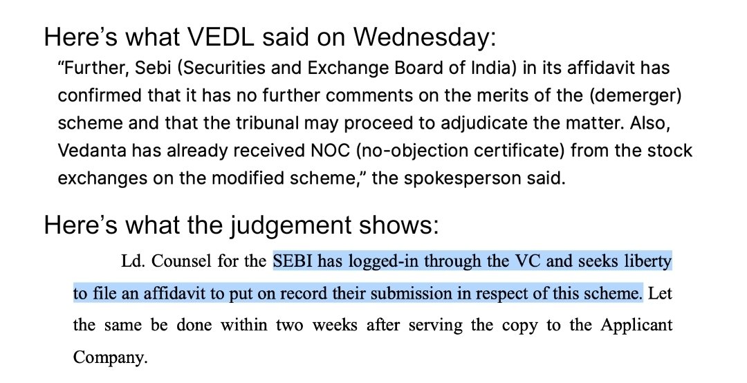 On Wednesday afternoon, to the press $VEDL, maintained that SEBI has no objections to its demerger scheme

This is despite Counsel for SEBI confirming at the NCLT meeting on Wednesday morning that SEBI has objections and will be making a submission within two weeks.