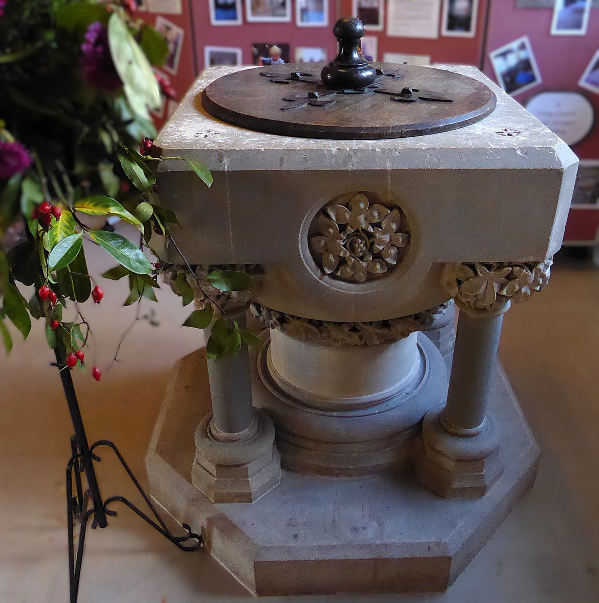Handsome &amp; High Victorian #FontsOnFriday in St Mary's, Shinfield, Berkshire.

Leaves and fruits carried from the font capitals and decoration into the accompanying Autumnal display, left.