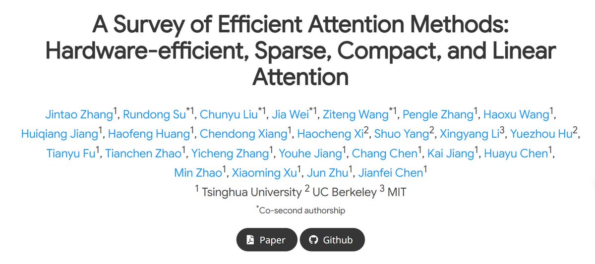Jintao_Zhang_'s tweet photo. πMOST comprehensive & up-to-date Efficient Attention Methods Survey! #AIInfra #attentionlayer #machinelearningsystem
A Survey of Efficient Attention Methods: Hardware-efficient, Sparse, Compact, and Linear Attention
Website: https://t.co/a9zBtfPmsK https://t.co/qT5v85Rnwb
