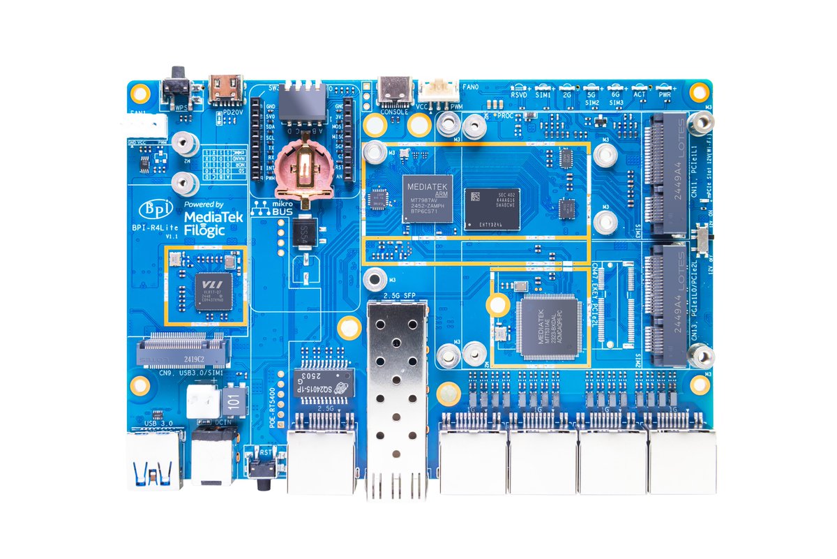 #BananaPI
Key features of BPI-R4 Lite:
SoC: #MediaTek MT7987A
Memory: 2GB RAM + 8GB eMMC
Connectivity:
M.2 Key B slot for 4G/5G modules
2 × mPCIe interfaces supporting the BPI-BE14 #WiFi7 NIC
Highlight: A high-performance yet low-cost solution for WiFi7 #router applications
