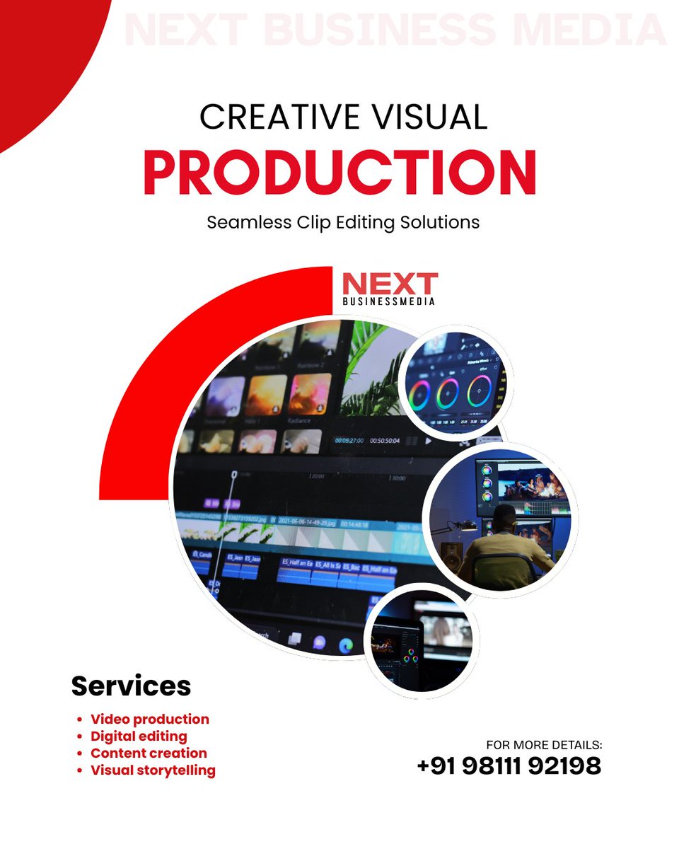 Next Business Media offers a range of seamless clip editing and video production solutions. Our services include:

Video production
Digital editing
Content creation
Visual storytelling

For more details,
contact us at +91 98111 92198

visit our website at nextbusinessmedia.com