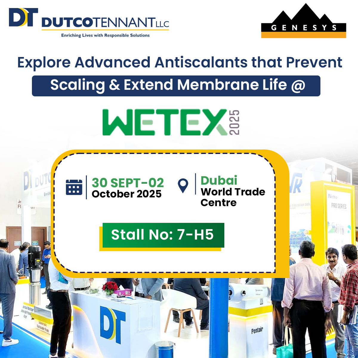 Dutcotennant's tweet image. Fighting scale in your #ROsystem? Meet #Genesys CAS &amp;amp; LF at #WETEX2025 — proven #antiscalants &amp;amp; #antifoulant for tougher water &amp;amp; longer membrane life.

🌐 Visit: dutcotennant.com/wetex/wetex-ex… more info.

#WetexDubai #WaterTreatment #Filtration #Fouling #ReverseOsmosis #DutcoTennantLLC