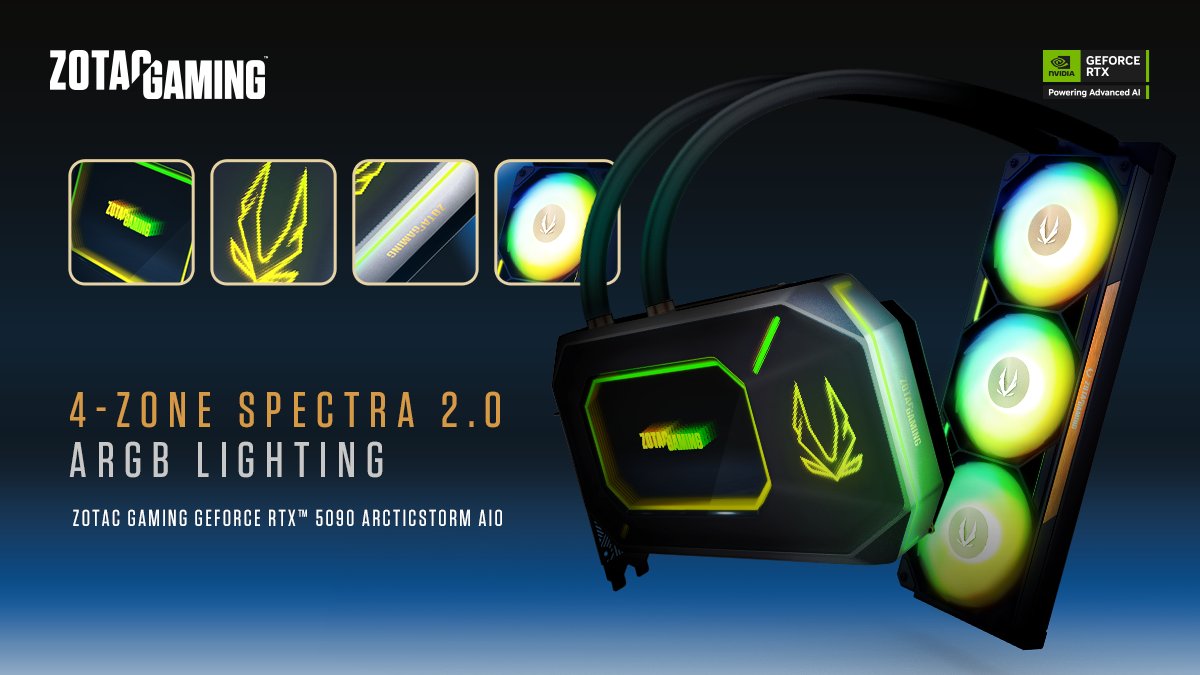 La ZOTAC GeForce RTX 5090 ArcticStorm AIO : 
4 zones RGB pour un spectacle lumineux 100% personnalisable. 
À vous de jouer pour un setup qui claque ! 🌈✨

#ZOTACGAMING #BLACKWELL #GEFORCE #RTX5090 #ARCTICSTORM #RTXOn