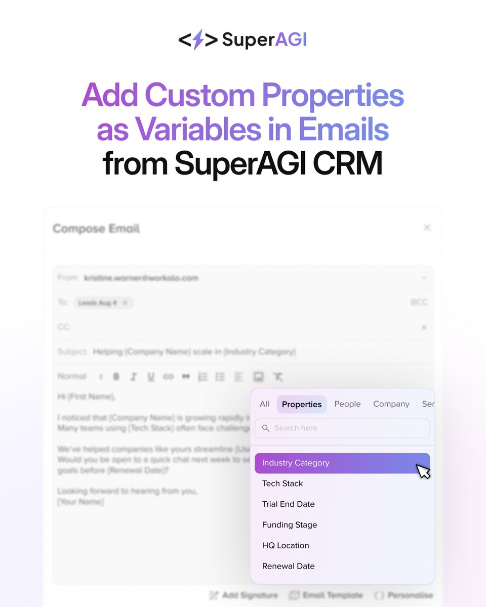 Now you can insert Custom Properties from SuperAGI's CRM as variables when drafting emails for prospects or customers.

This empowers your emails to reflect the relevant details that leads to higher engagement, stronger relationships, and better conversions.

Here's how to use