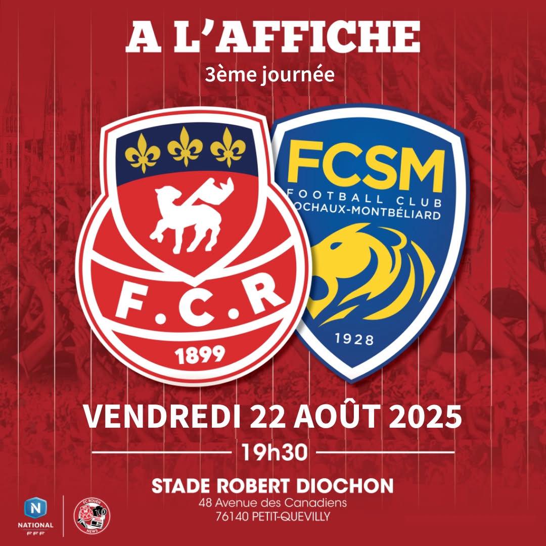 📆 𝗟𝗲 𝗹𝗲𝗮𝗱𝗲𝗿 𝗱𝘂 𝗰𝗵𝗮𝗺𝗽𝗶𝗼𝗻𝗻𝗮𝘁 𝗮̀ 𝗗𝗶𝗼𝗰𝗵𝗼𝗻. Le FC Rouen reçoit Sochaux, qui vient de s'imposer largement face à Orléans. 𝗔𝗹𝗹𝗲𝘇 𝗥𝗼𝘂𝗲𝗻 ! 💪🔴⚪

🏟️ | Stade Robert Diochon 
❌ | Huis clos 
📳 | #FCRFCSM 

#TeamFCR #Rouen #Normandie