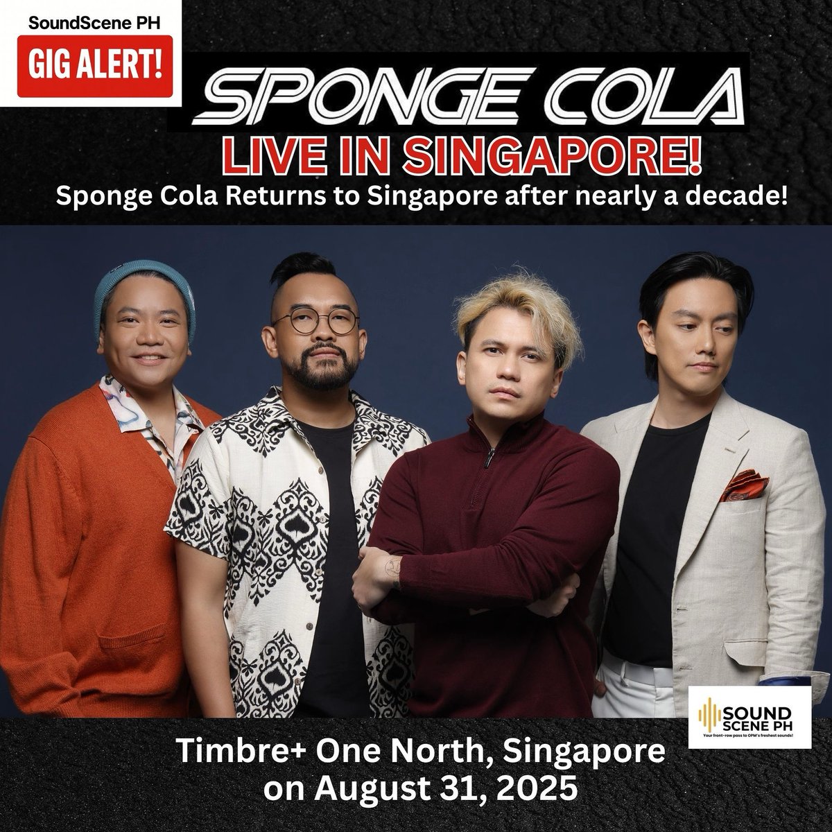 soundscene_ph's tweet photo. [SoundScenePH GIG ALERT]‼️

@SpongeColaPH Live in Singapore: Homecoming at Timbre+ One North on August 31! 🇸🇬
#SoundScenePH #OPM #SupportLocalMusic #SpongeCola https://t.co/m7FDwPR8pc